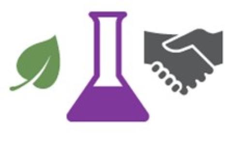 UK Lab Management Biosciences Conference logo with a green leaf, purple flask and grey handshake