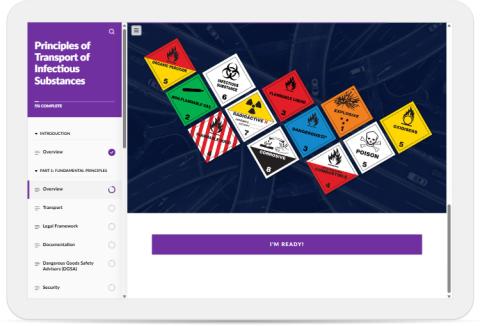 Screenshot of the Principles of Transport of Infectious Substances eLearning course.